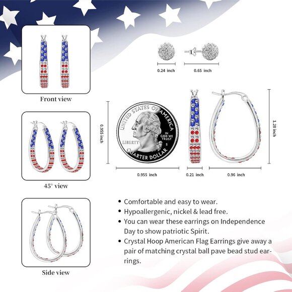 Crystal Hoop Earrings Silver Plated Patriotic American Flag Dangle Jewelry - Picture 3 of 7